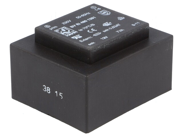 Transformator: ingegoten; 7VA; 230VAC; 12V; 583mA; PCB; BVEI Transformator: ingegoten; 7VA; 230VAC; 12V; 583mA; PCB; BVEI